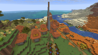 Savanna Village With Badlands Pillar, a featured Minecraft seed world