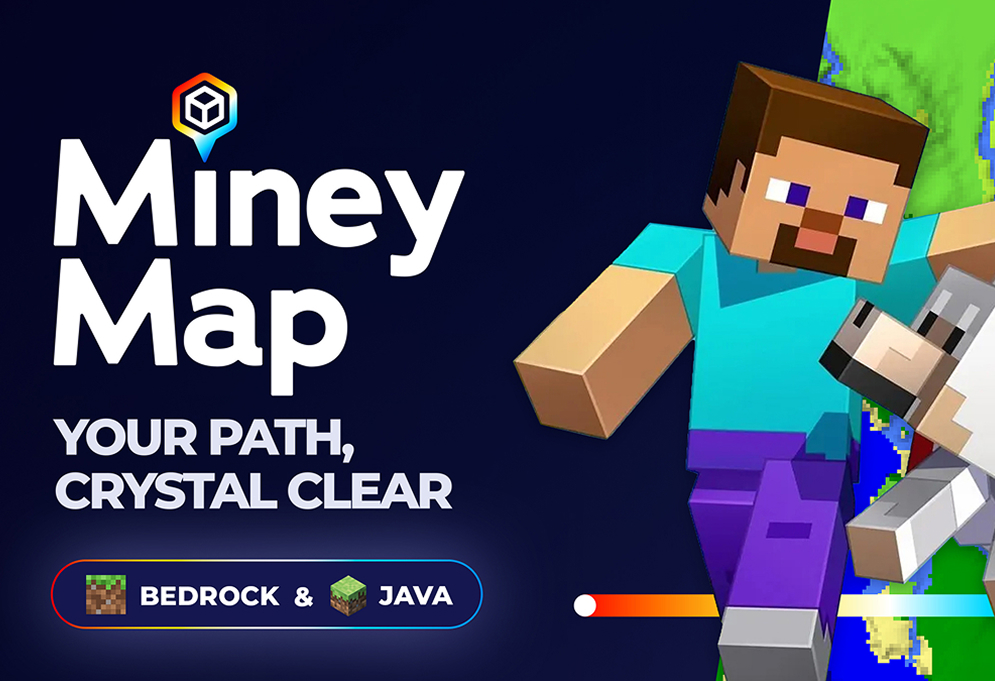 MineyMap for Minecraft Java and Bedrock with Steve, a wolf, and an in-game world map