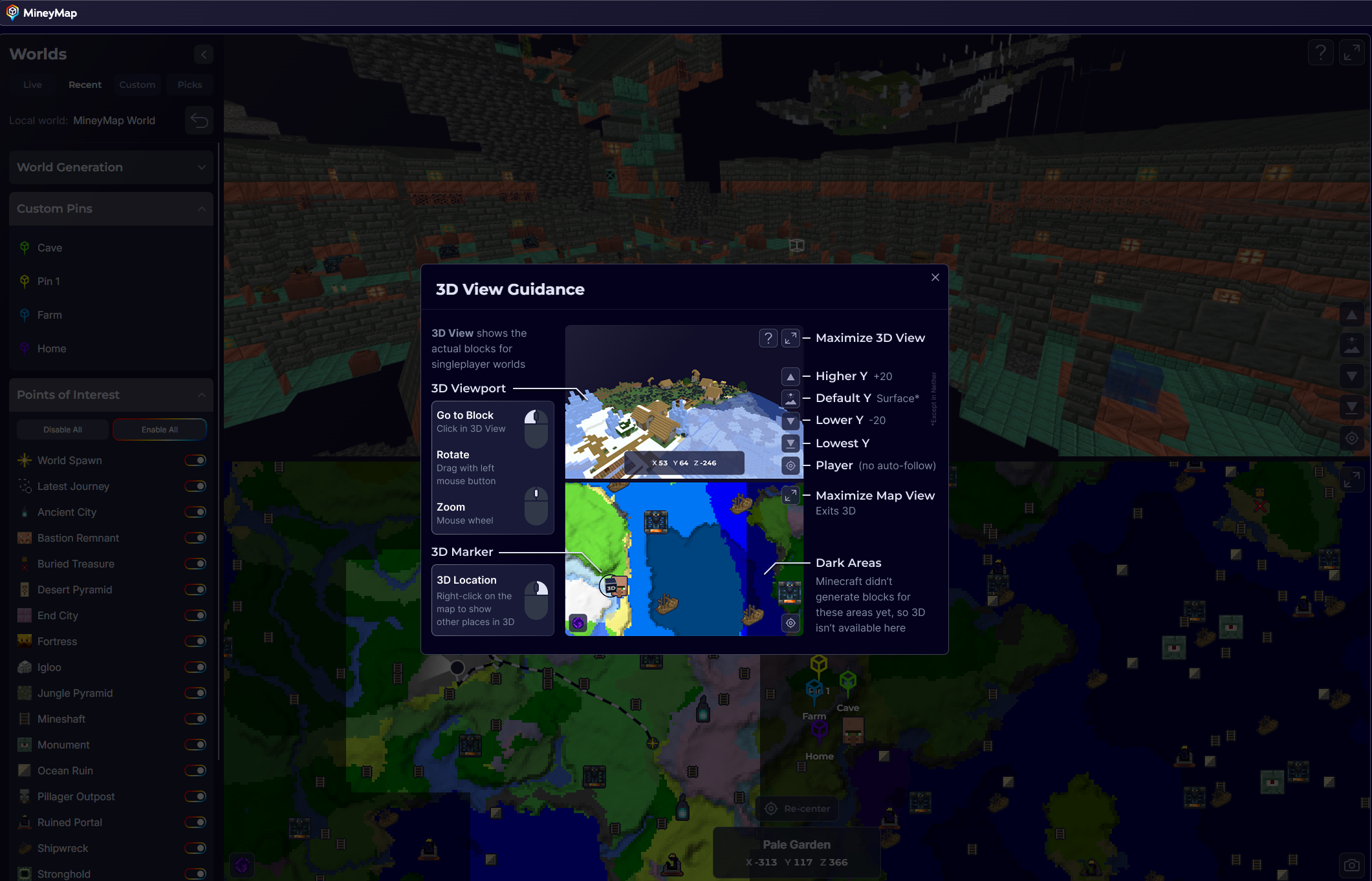 MineyMap 3D terrain view with the 3D View Guidance overlay explaining its controls and map states