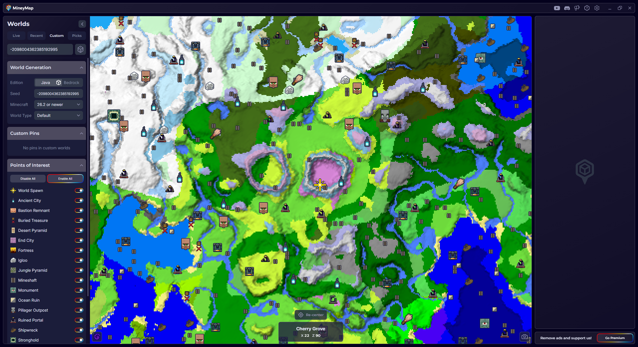 MineyMap Custom Worlds map with seed, Java edition, version, and world type controls