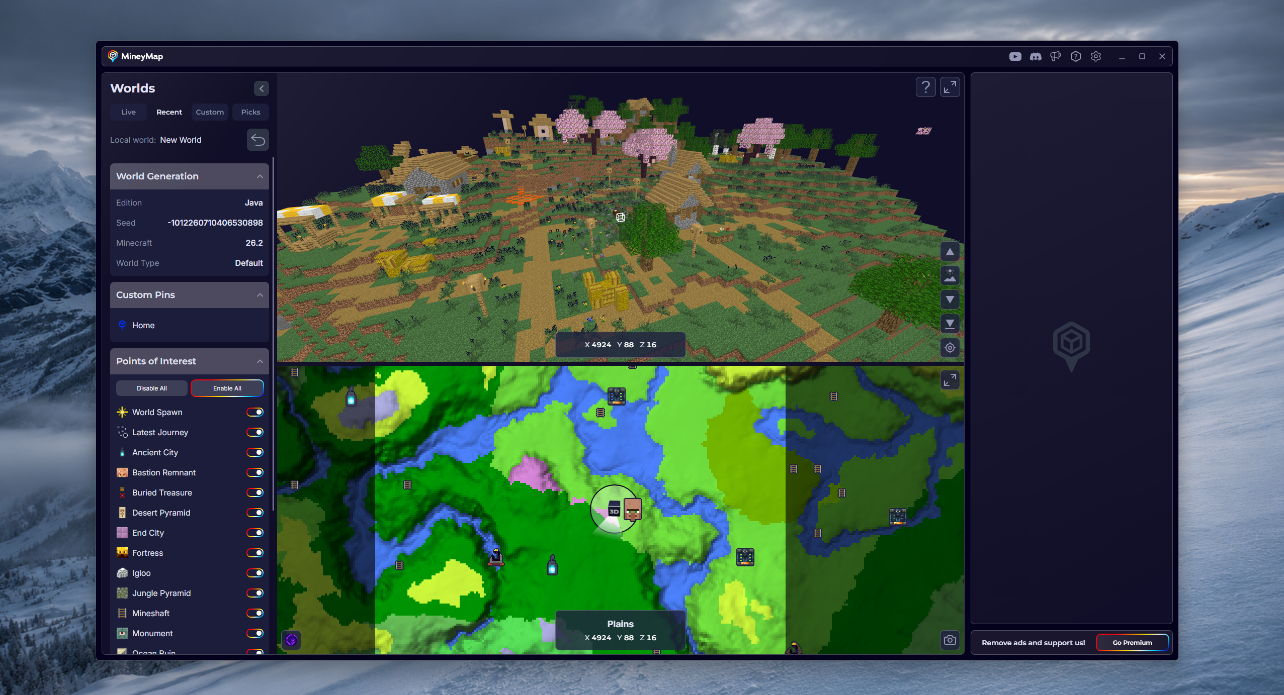 MineyMap desktop app showing a Java world in 3D above the full world map