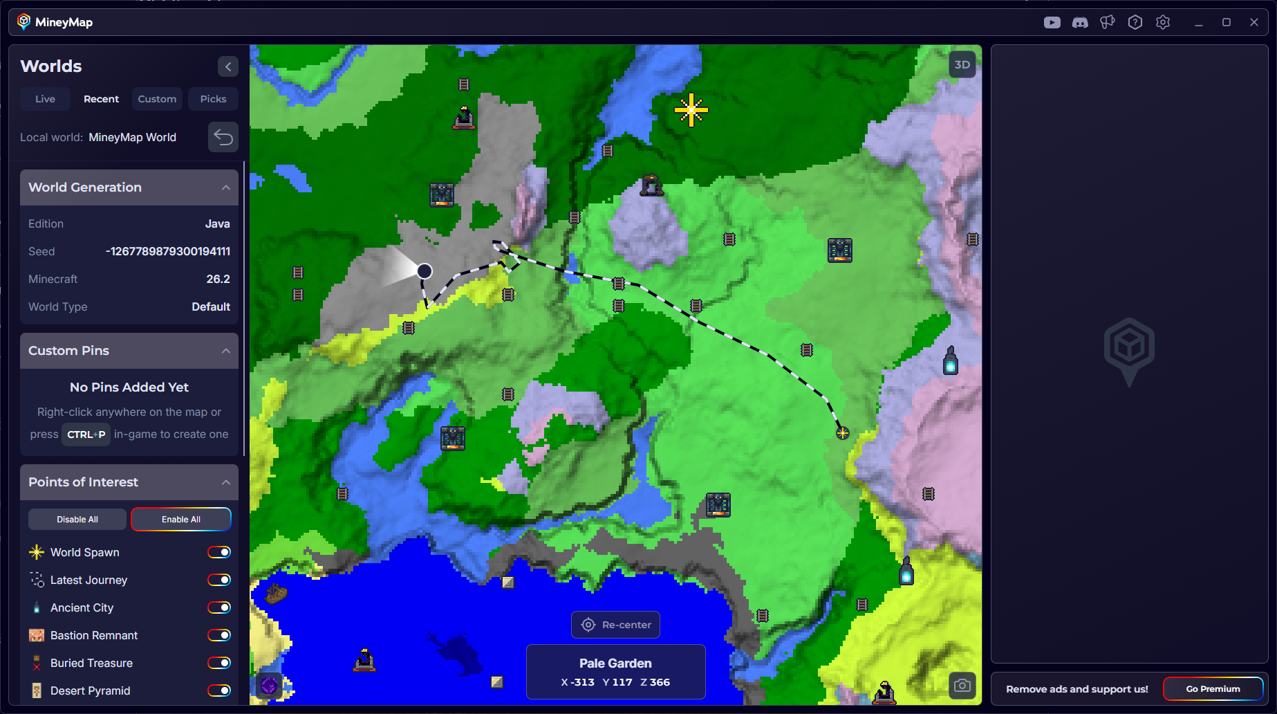 MineyMap Recent Worlds view showing the player's latest journey as a route across the map