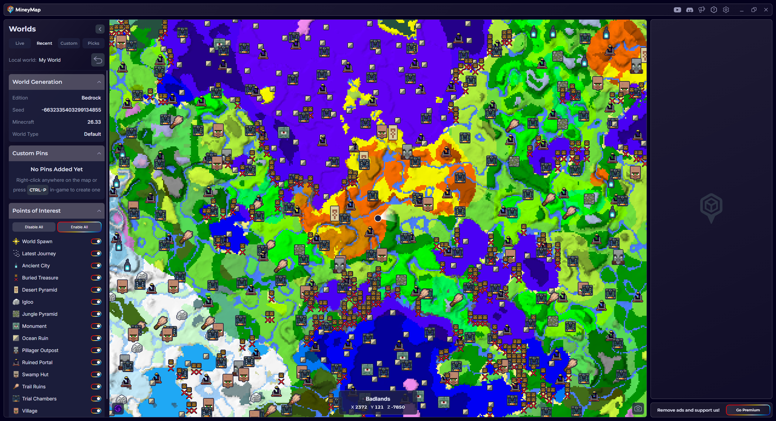 MineyMap full Bedrock world map with terrain and useful locations