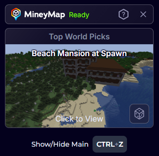 MineyMap in-game status window ready to map a Java world