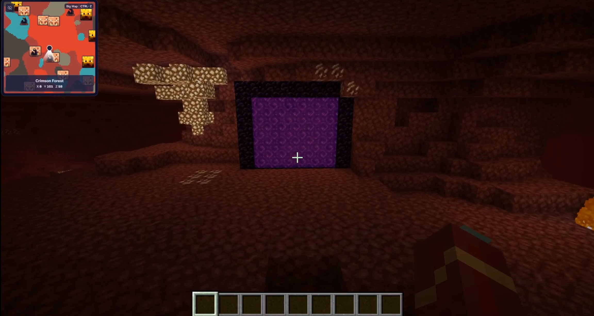 Minecraft player in the Nether with MineyMap displaying the Nether minimap