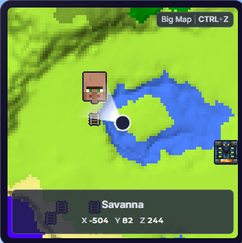 MineyMap minimap showing a biome, player marker, and live XYZ coordinates