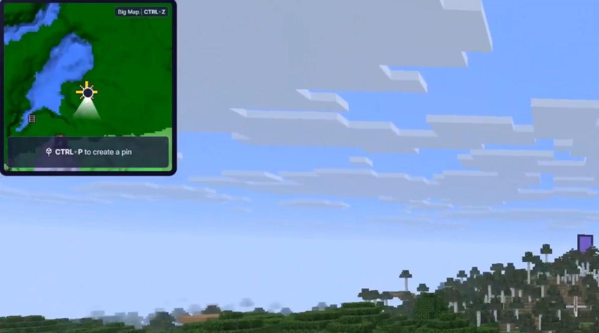 The same Minecraft view with the MineyMap minimap loaded and ready