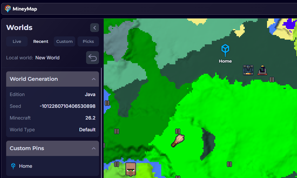 A named Home pin shown on the MineyMap world map and Custom Pins panel