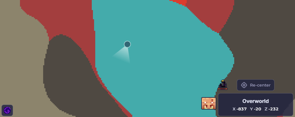 MineyMap showing a faded ghost marker for the corresponding Overworld location while viewing the Nether map