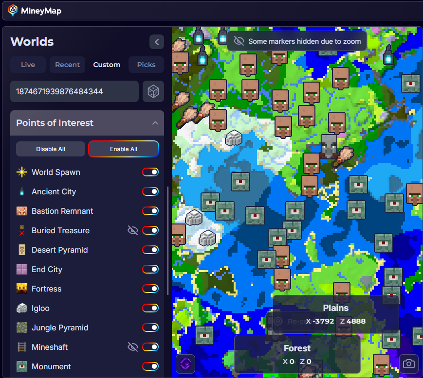 MineyMap world map with points-of-interest icons and structure filters
