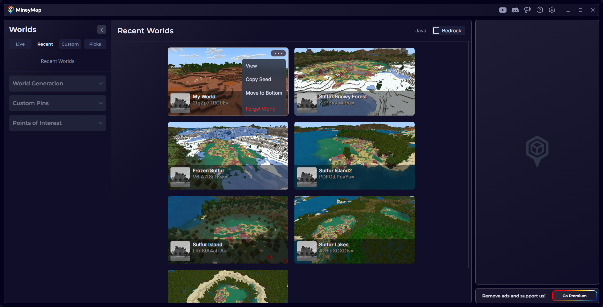MineyMap Recent Worlds grid with a world menu open showing view, copy seed, move to bottom, and forget world options