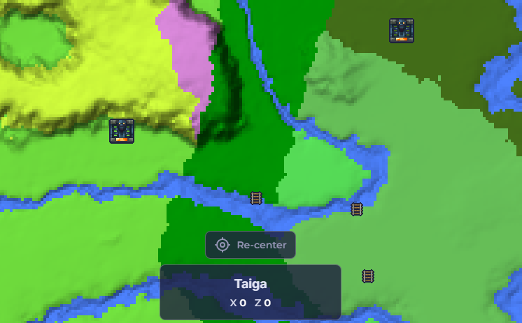 MineyMap in roaming mode with the re-center button visible above the location details