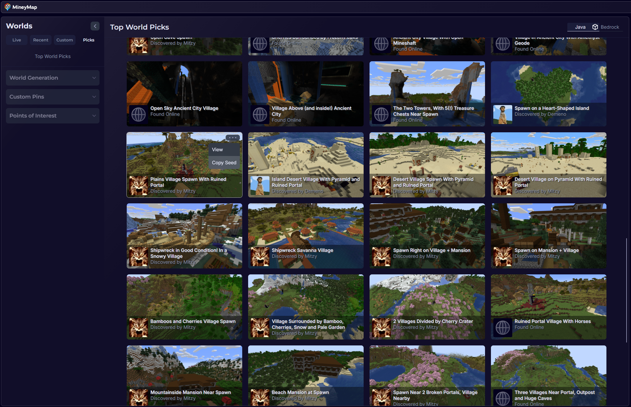 MineyMap Top World Picks showing an expanded grid of curated Java seeds