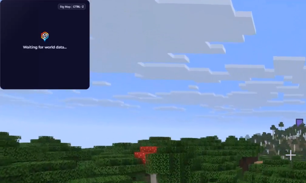 Minecraft world with the MineyMap minimap displaying Waiting for world data