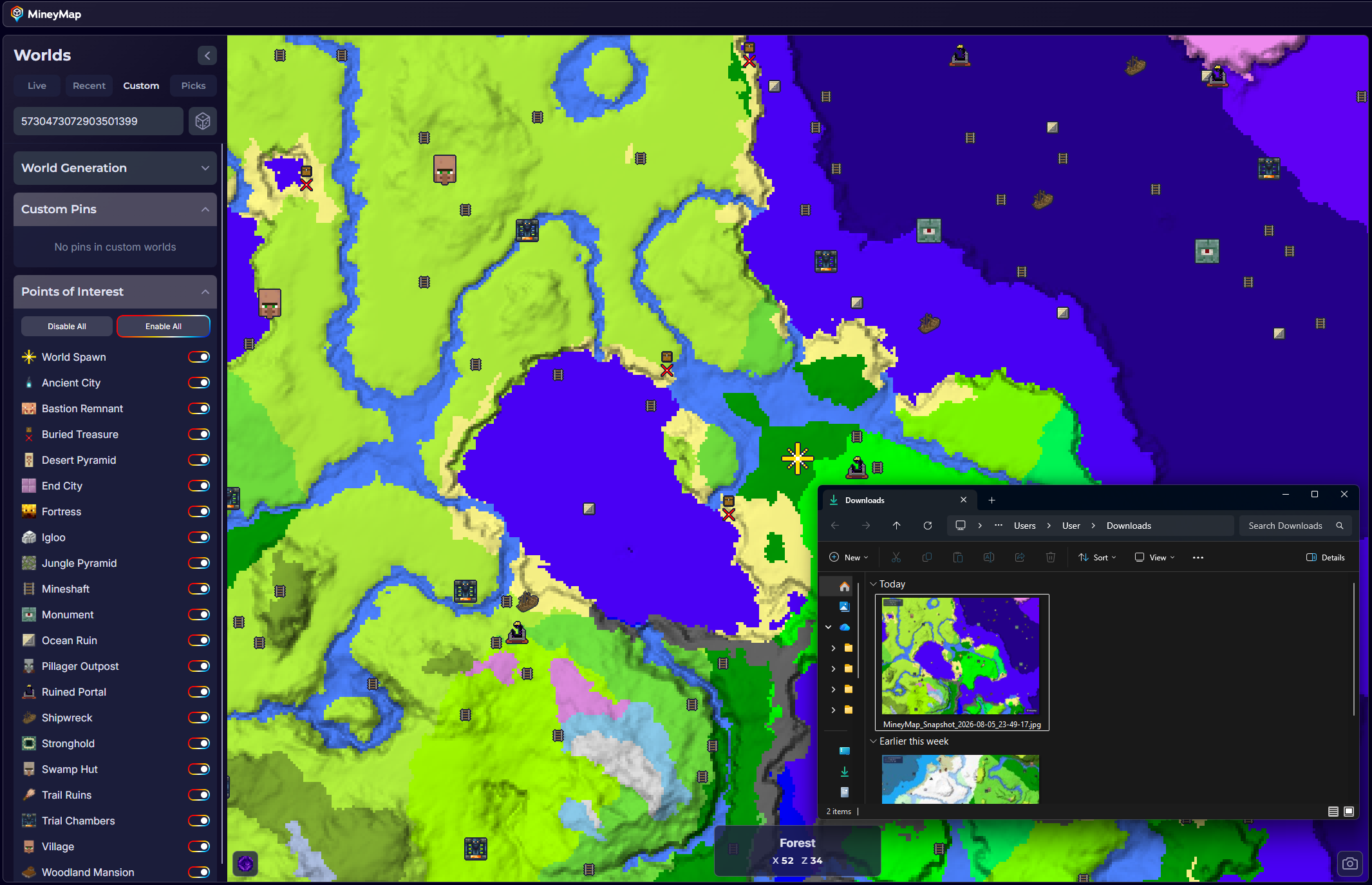 MineyMap world map with a newly created snapshot visible in the Downloads folder